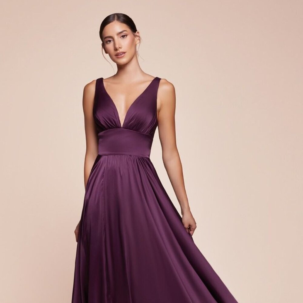 NEW FORMAL A-LINE SLEEVELESS SATIN DRESS W/ V-NECK & EMPIRE WAISTLINE CD 7469